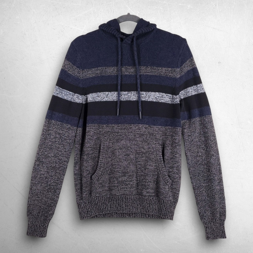 Urban Pipeline Striped Knit Hoodie Sweater Men S Blue Gray Streetwear Skater